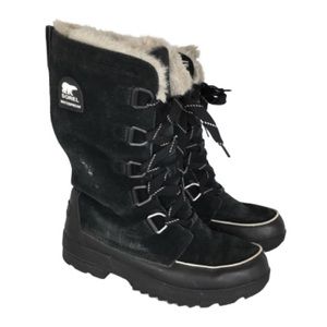 Sorel Tivoli Tall Waterproof Out Dry Boots Black Suede Faux Fur Lining Size 10.5